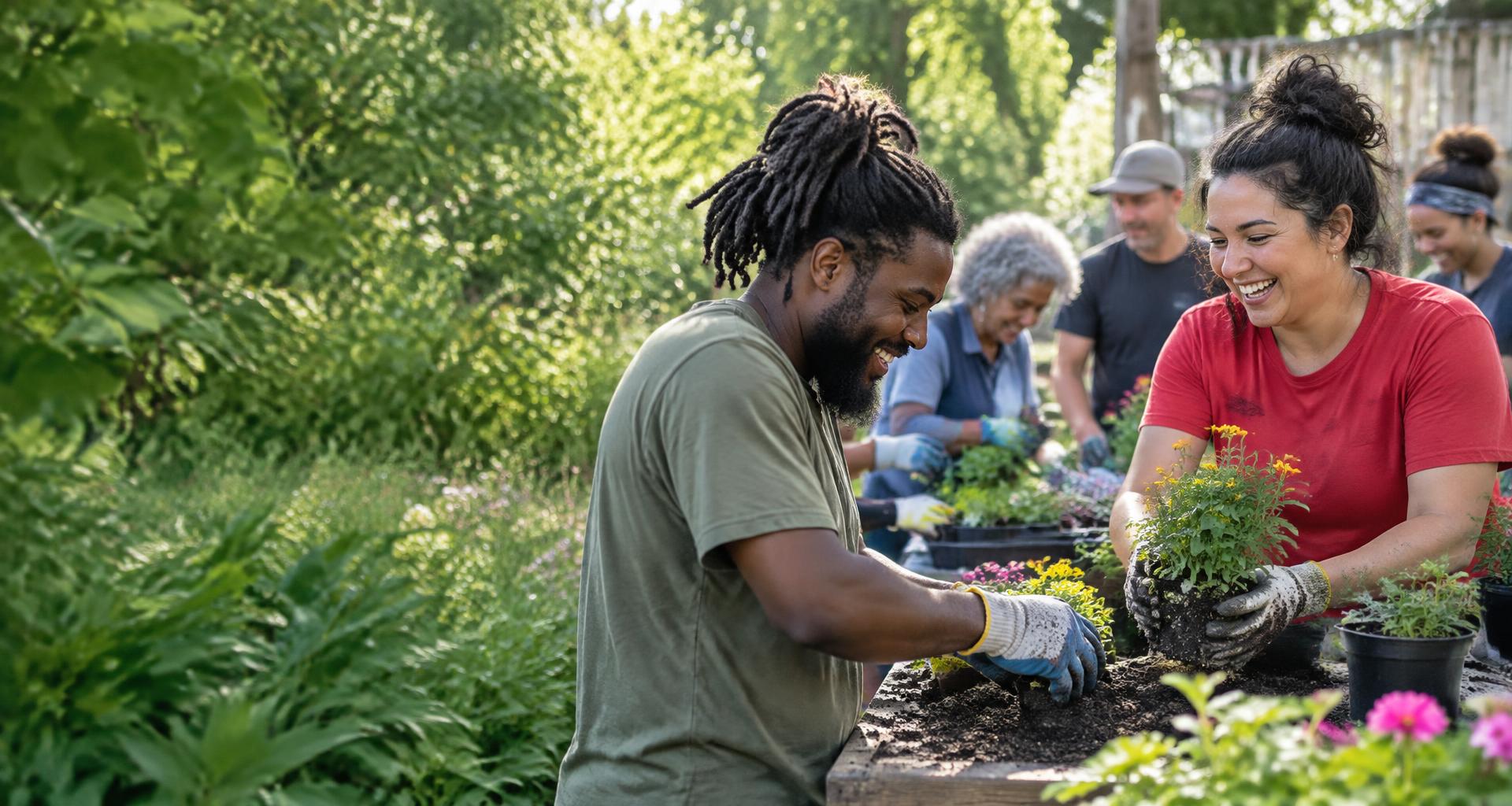 An illustrative scene of neighbors planting together in a community garden